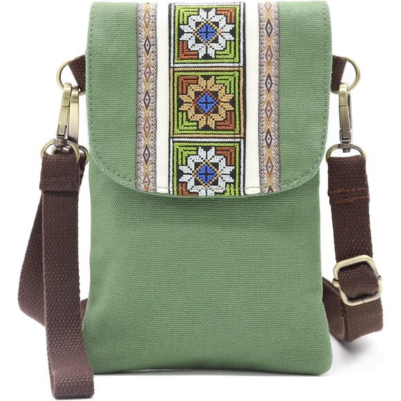 Women's Dark Green Vintage Embroidered Cute Mini Cross Body Bag Small Handbags - Picture 1 of 6